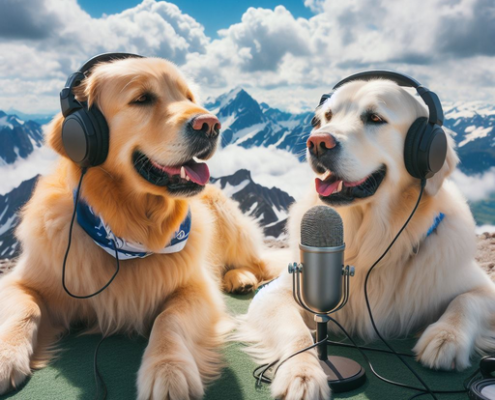 Two golden retrievers podcasting on top of a mountain